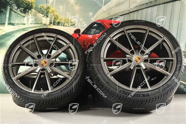 20/21-inch Carrera S winter wheel set, wheel rims 8,5J x 20 ET53 + 11J x 21 ET66 + NEW Michelin winter tyres 245/35 R20 + 295/30 R21, in Platinum satin-mat
