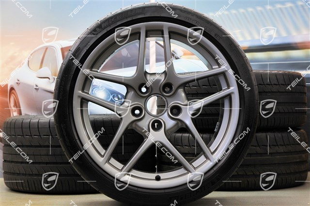 19" komplet kół letnich, Carrera S II, felgi 8J x 19 ET57 + 11J x 19 ET51 + NOWE opony Michelin 235/35 ZR19 + 305/30 ZR19, platynowe