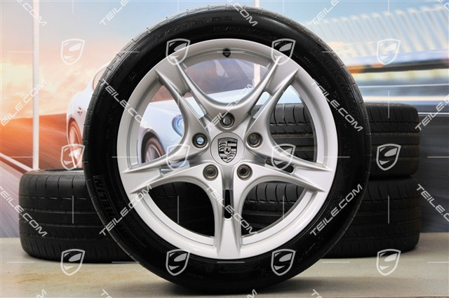 18-inch summer wheels set Cayman S II, rims 8J x 18 ET57 + 9J x 18 ET43 + NEW summer tyres 235/40 R18 + 265/40 R18, without TPM