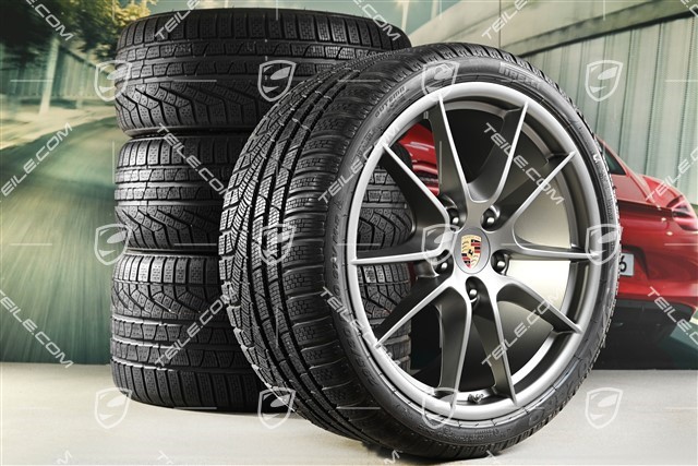 20" Carrera S (III) Winterräder Satz, Felgen 8,5J x 20 ET51 + 11J x 20 ET52 + NEUE Pirelli Winterreifen 245/35 ZR20 + 295/30 ZR20, mit RDK-Sensoren, Platinum Satinmatt