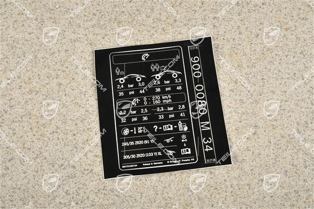 Identification / notice plate for tire pressure, 20 inch, Turbo