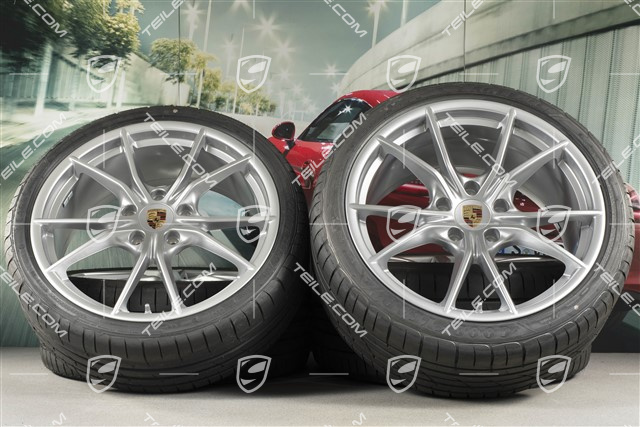 20" Carrera S summer wheels set, rims 8J x 20 ET57 + 10J x 20 ET45 + NEW GoodYear summer tires 235/35 ZR20 + 265/35 ZR20, silver, with TPMS