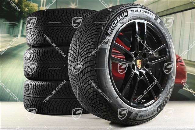 20" koła zimowe Cayenne Sport, komplet, felgi 9J x 20 ET50 + 10,5J x 20 ET64 + NOWE opony zimowe Michelin 255/55 R20 + 295/45 R20, z czujnikami ciśnienia, czarny wysoki połysk