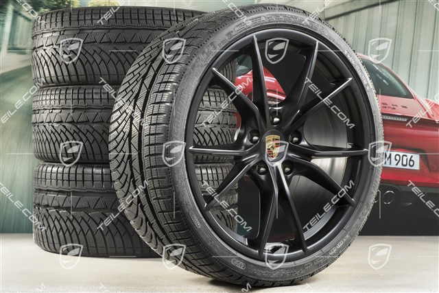 20" Carrera S Winterräder Satz für Cayman GT4 / Boxster Spyder, Felgen 8J x 20 ET57 + 10J x 20 ET45 + NEUE Michelin Winterreifen 235/35 R20 + 275/30 R20, schwarz (seidenmatt), mit RDK-Sensoren