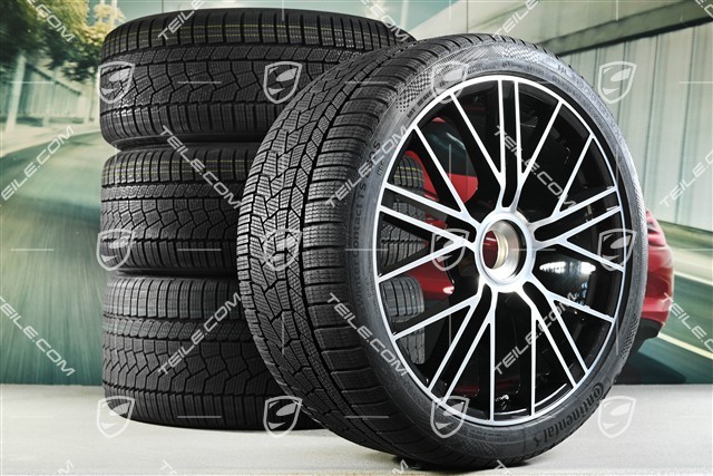 21" Panamera Turbo S Koła zimowe, komplet, centralne mocowanie, felgi 9,5J x 21 ET71 + 10,5J x 21 ET71 + NOWE opony zimowe Continental Winter Contact TS860 S 275/35 R21 + 315/30 R21, czarny wysoki połysk