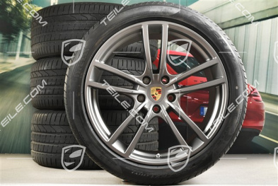 21" koła letnie Cayenne Turbo Design, komplet, felgi 9,5J x 21 ET46 + 11,0J x 21 ET58 + opony letnie Pirelli P Zero 285/40 R21 + 315/35 R21, z czujnikami ciśnienia, Platinum półmat satyna