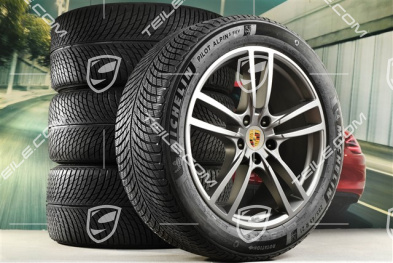 21" Cayenne Turbo Winterräder Satz, Felgen 9,5J x 21 ET46 + 11,0J x 21 ET58 + Michelin Winterreifen 285/45 R21 + 305/40 R21, mit RDK-Sensoren, in Platinum Seidenmatt