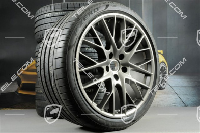 21-inch Panamera SportDesign summer wheel set, rims 9,5J x 21 ET71 + 11,5J x 21 ET69 + Pirelli summer tires 275/35 ZR21 + 315/30 ZR21, with TPM, Platinum satin matt