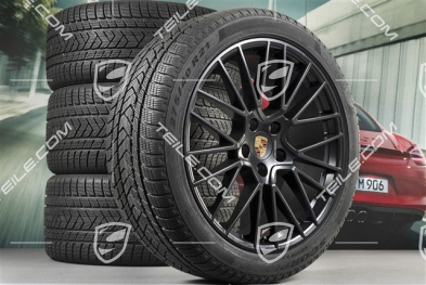 21" koła zimowe Cayenne COUPÉ RS Spyder, komplet, felgi 9,5J x 21 ET46 + 11,0J x 21 ET49 + NOWE opony zimowe Pirelli 275/40 R21 + 305/35 R21, z czujnikami ciśnienia, czarny satynowy półmat