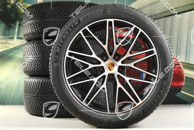 21" Cayenne "RS Spyder Design" Winterräder Satz, Felgen 9,5J x 21 ET46 + 11,0J x 21 ET49 + Michelin Pilot Alpin 5 SUV Winterreifen 285/45 R21 + 305/40 R21, mit RDK-Sensoren, schwarz hochglanz mit glanzgedrehten Stirnflächen