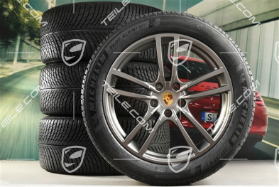 21" koła zimowe Cayenne Turbo Design, komplet, felgi 9,5J x 21 ET46 + 11,0J x 21 ET49 + opony zimowe Michelin 285/45 R21 + 305/40 R21, z czujnikami ciśnienia, platinum satynowy półmat