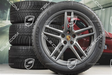 20" "Macan Turbo" koła zimowe, komplet, felgi 9J x 20 ET26 + 10J x 20 ET19 + NOWE opony zimowe Michelin Latitude Alpin 5 265/45 R20 + 295/40 R20, Platinum satynowy mat, z czujnikami ciśnienia RDK