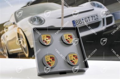 Center cap set (4 pcs.) with coloured Porsche crest