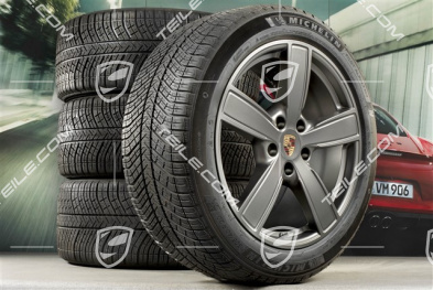 20" koła zimowe Cayenne COUPE Sport Classic, komplet, felgi 9J x 20 ET50 + 10,5J x 20 ET55 + NOWE opony zimowe Michelin 275/45 R20 + 305/40 R20, z czujnikami ciśnienia, Platinum satynowy półmat