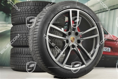 21" koła zimowe Cayenne Turbo, komplet, felgi 9,5J x 21 ET46 + 11,0J x 21 ET58 + opony zimowe Continental 275/40 R21 + 305/35 R21, z czujnikami ciśnienia, Platinum półmat satyna
