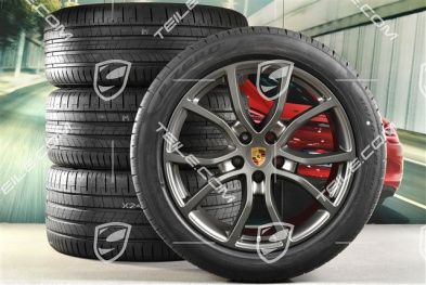 21-inch Cayenne Exclusive Design summer wheel set, rims 9,5J x 21 ET46 + 11,0J x 21 ET58 + NEW Pirelli P Zero summer tyres 285/45 R21 + 315/40 R21, with TPMS, Platinum satin-mat