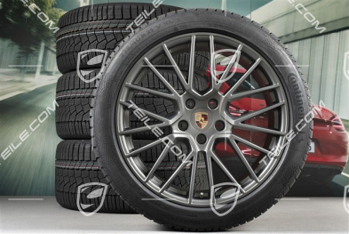 21" koła zimowe Cayenne COUPÉ RS Spyder, komplet, felgi 9,5J x 21 ET46 + 11,0J x 21 ET49 + opony zimowe Continental 275/40 R21 + 305/35 R21, z czujnikami ciśnienia, Platinum satynowy półmat