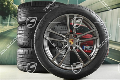 21" Cayenne Turbo Sommerräder Satz, Felgen 9,5J x 21 ET46 + 11,0J x 21 ET49 + Pirelli P Zero Sommerreifen 285/40 R21 + 315/35 R21, Platinum Seidenmatt
