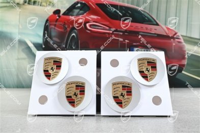 Set of Wheel trims Caps, coloured Porsche crest, concave, Brilliant Silver