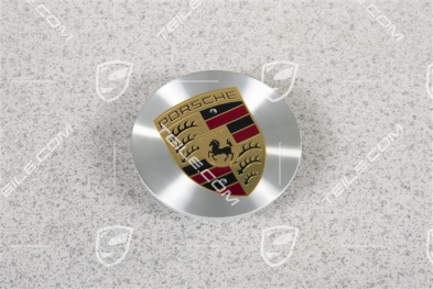 Wheel hub cap, concave, coloured crest, polished aluminium