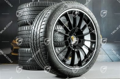 21" Komplet kół letnich, Cayenne SportPlus, felgi 10J x 21 ET50 + 10J x 21 ET45 + opony letnie Michelin 295/35 R21, z czujnikami ciśnienia, czarny wysoki połysk