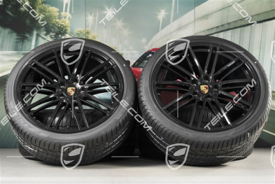 22" Koła letnie 911 Turbo IV Design, komplet, felgi 10J x 22 ET48 + 11,5J x 22 ET61 + NOWE opony letnie Pirelli 285/35 ZR22 + 315/30 ZR22, czarny wysoki połysk z czujnikami ciśnienia