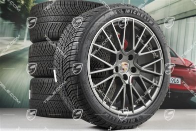 21" koła zimowe Cayenne RS Spyder, komplet, felgi 9,5J x 21 ET46 + 11,0J x 21 ET58 + opony zimowe Michelin 275/40 R21 + 305/35 R21, z czujnikami ciśnienia, Platinum satynowy półmat