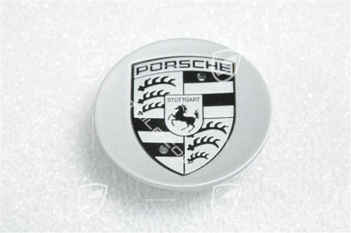 Hub cap, concave, crest in black - white, brilliant silver Hub cap, concave, crest in black - white, brilliant silver