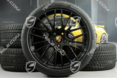 21" koła zimowe Cayenne RS Spyder, komplet, felgi 9,5J x 21 ET46 + 11,0J x 21 ET58 + NOWE opony zimowe Pirelli 275/40 R21 + 305/35 R21, z czujnikami ciśnienia, czarny wysoki połysk