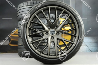 21-inch Panamera SportDesign summer wheel set, rims 9,5J x 21 ET71 + 11,5J x 21 ET69 + Pirelli summer tires 275/35 ZR21 + 315/30 ZR21, with TPM, Platinum satin matt