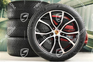 21" koła zimowe Cayenne Exclusive Design, komplet, felgi 9,5J x 21 ET46 + 11,0J x 21 ET49 + NOWE opony zimowe Michelin Pilot Alpin 5 SUV 285/45 R21 + 305/40 R21, z czujnikami ciśnienia, czarny perłowy Jet Black metalik