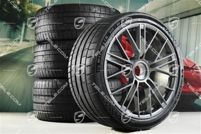 21" Panamera Turbo S Sommerräder Satz, mit Zentralverschluss, Felgen 9,5J x 21 ET71 + 11,5J x 21 ET69 + Michelin Pilot Sport S5 Sommerreifen 275/35 R21 + 325/30 R21, dark silver