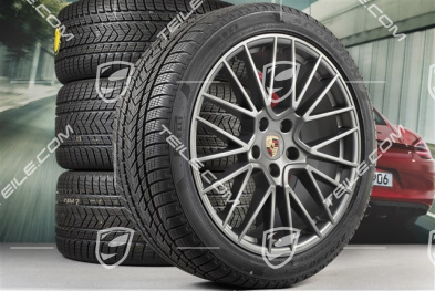 21" koła zimowe Cayenne RS Spyder, komplet, felgi 9,5J x 21 ET46 + 11,0J x 21 ET58 + NOWE opony zimowe Pirelli 275/40 R21 + 305/35 R21, z czujnikami ciśnienia, Platinum satynowy półmat