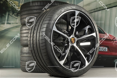 21" Cross Turismo Design Sommerräder Satz, Felgen 9,5J x 21 ET60 + 11,5J x 21 ET66 + NEUE Goodyear Sommerreifen 265/35 R21 + 305/30 R21, schwarz hochglanz mit glanzgedrehter Stirnfläche